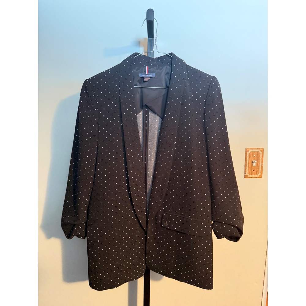 Tommy Hilfiger Black Polka Dot 3/4 Ruched Sleeve Open Front Blazer Jacket 6